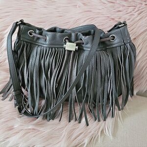 Aimee Kestenberg Boho Gray Pebble Leather Fringe Silver Metal Logo Crossbody Bag